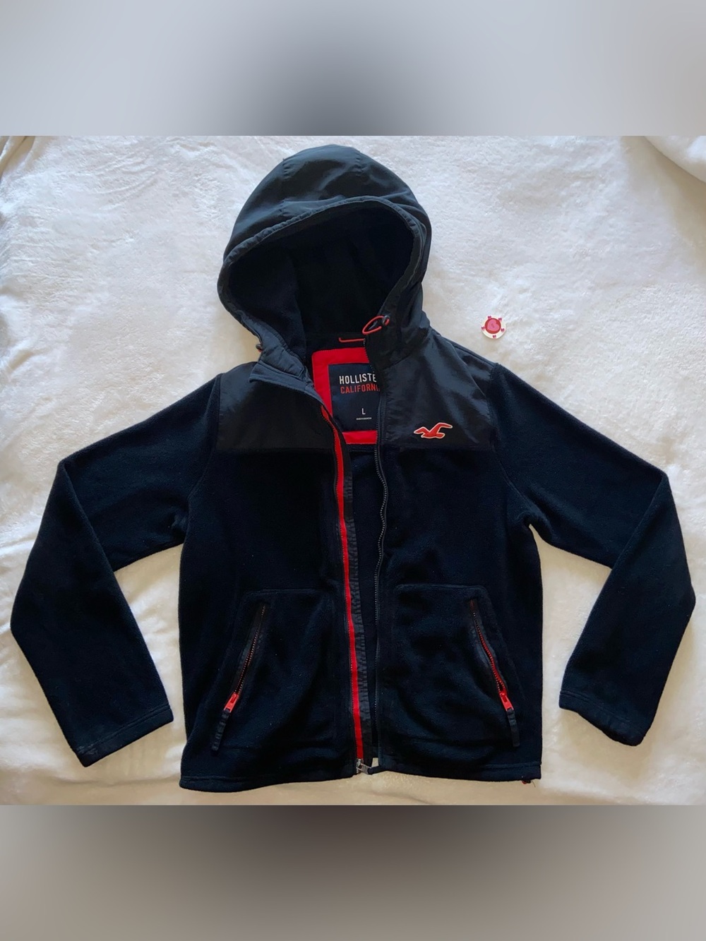 Hollister Black Fleece Hooded Jacket with Red Accents